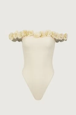 Rosette Off Shoulder One Piece (Faux Suede Cream/Cream)(Rosette Off Shoulder One Piece Faux Suede Cream Cream)