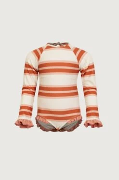 Ruffle Rashguard One Piece (cream Camel Blush Stripe/blush)(Ruffle Rashguard One Piece Cream Camel Blush Stripe Blush)