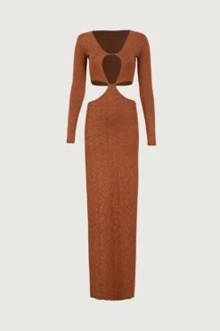 Long Sleeve Cut Out Maxi Dress (Mocha Lurex)(Long Sleeve Cut Out Maxi Dress Mocha Lurex)