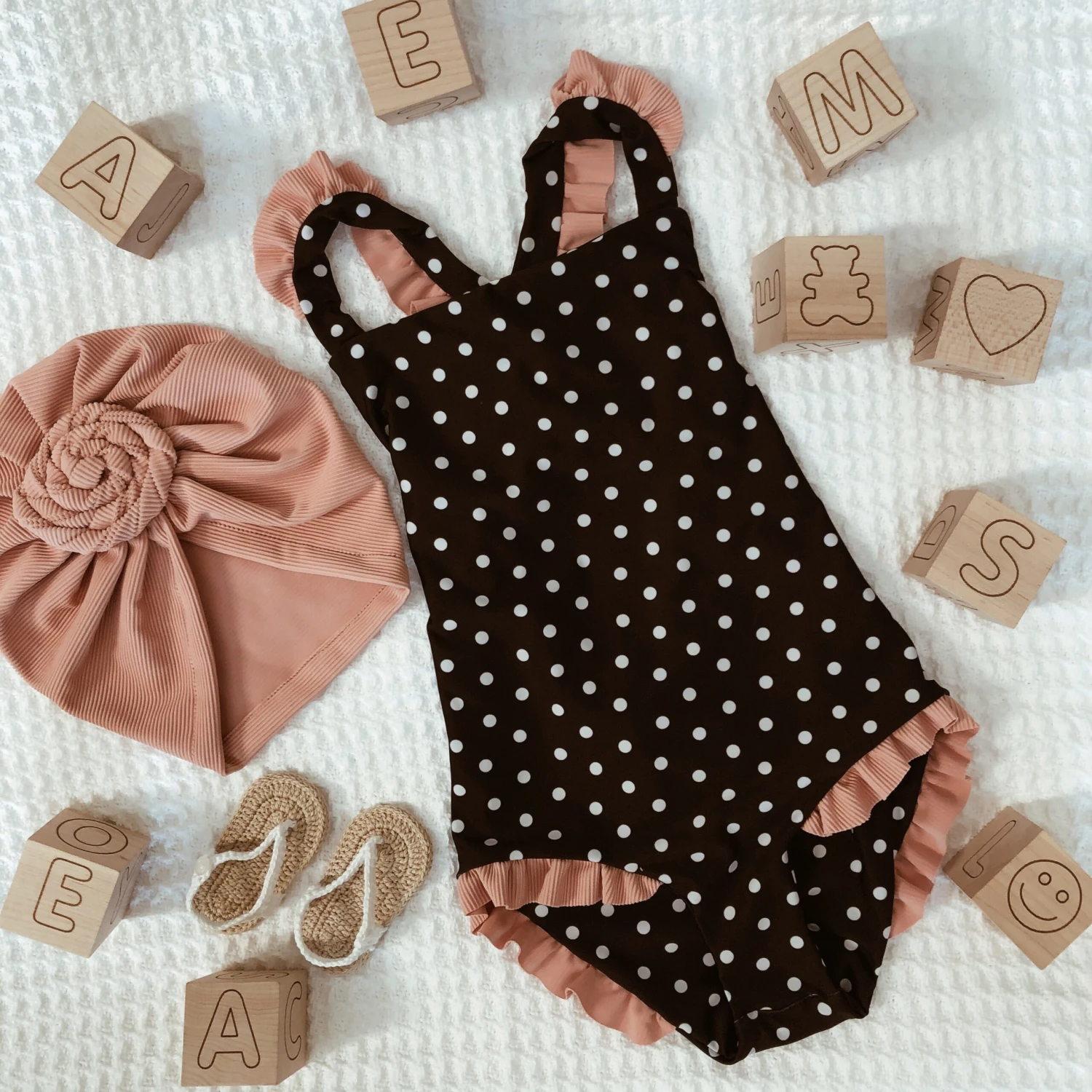 Ruffle One Piece (black White Polka Dot/ribbed Blush)(Mini Me One Piece Black White Polka Dot Ribbed Blush) 4 Ruffle One Piece (black White Polka Dot/ribbed Blush)(Mini Me One Piece Black White Polka Dot Ribbed Blush) - Image 2