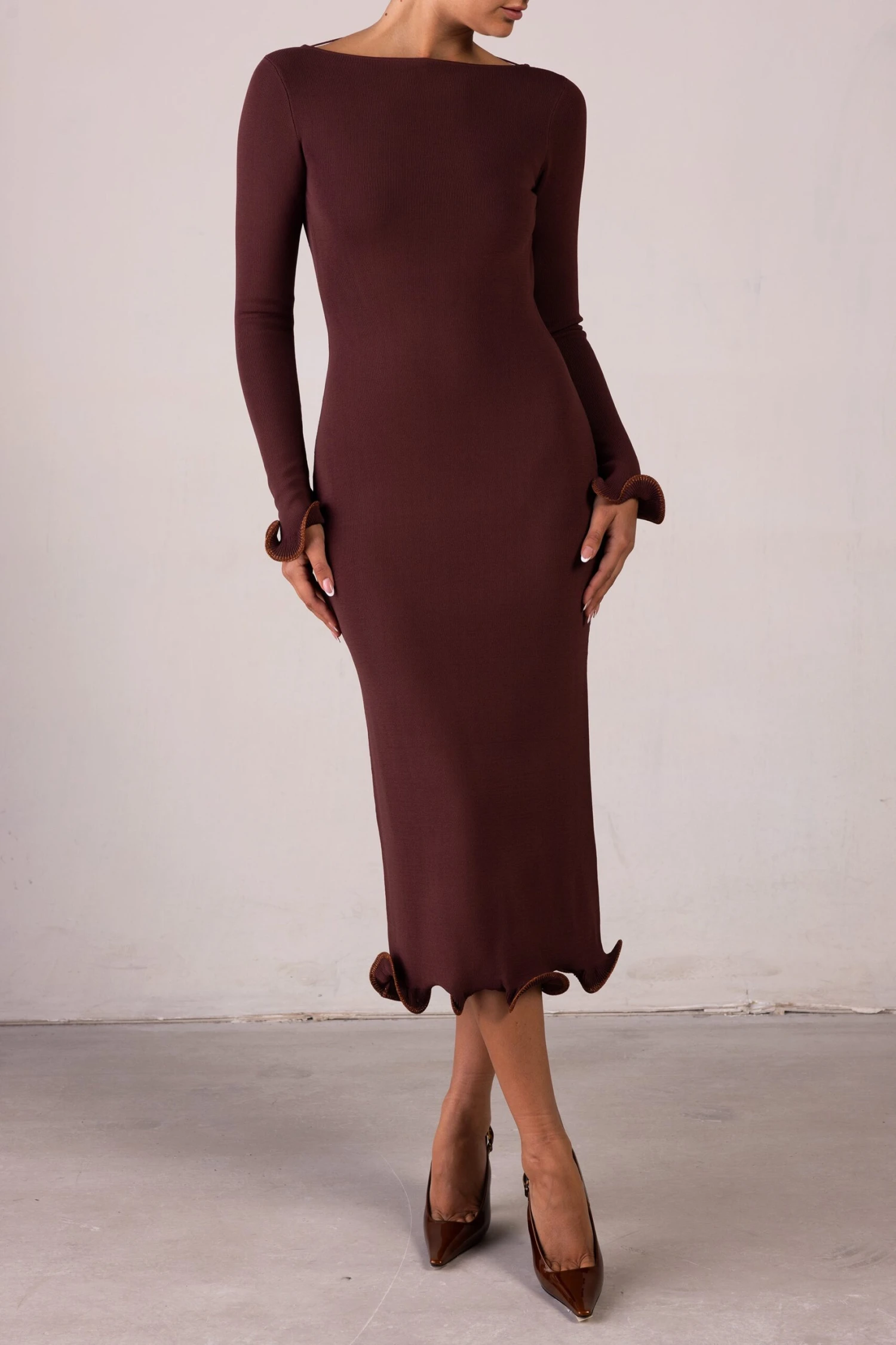 Ruffle Hem Midi Dress (Chocolate Brown/Brown Lurex)(Ruffle Hem Midi Dress Chocolate Brown Brown Lurex) 5 Ruffle Hem Midi Dress (Chocolate Brown/Brown Lurex)(Ruffle Hem Midi Dress Chocolate Brown Brown Lurex) - Image 3