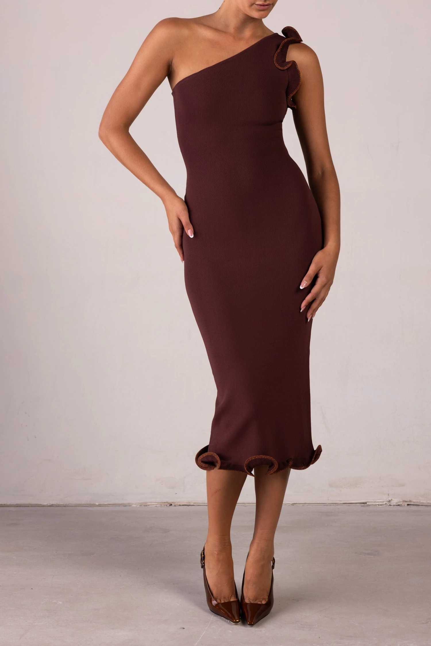 Ruffle Hem One Shoulder Dress (Chocolate Brown/Brown Lurex)(Ruffle Hem One Shoulder Dress Chocolate Brown Brown Lurex) 5 Ruffle Hem One Shoulder Dress (Chocolate Brown/Brown Lurex)(Ruffle Hem One Shoulder Dress Chocolate Brown Brown Lurex) - Image 3