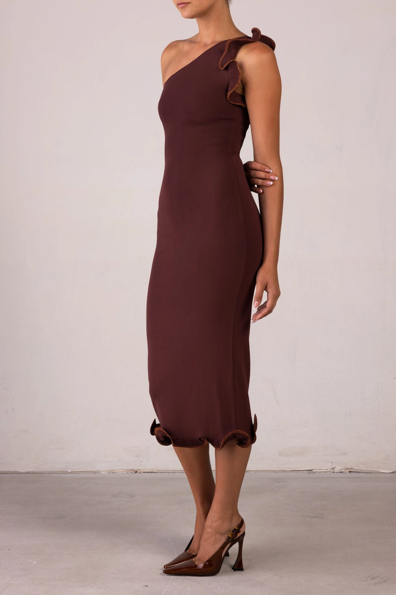 Ruffle Hem One Shoulder Dress (Chocolate Brown/Brown Lurex)(Ruffle Hem One Shoulder Dress Chocolate Brown Brown Lurex) 6 Ruffle Hem One Shoulder Dress (Chocolate Brown/Brown Lurex)(Ruffle Hem One Shoulder Dress Chocolate Brown Brown Lurex) - Image 4