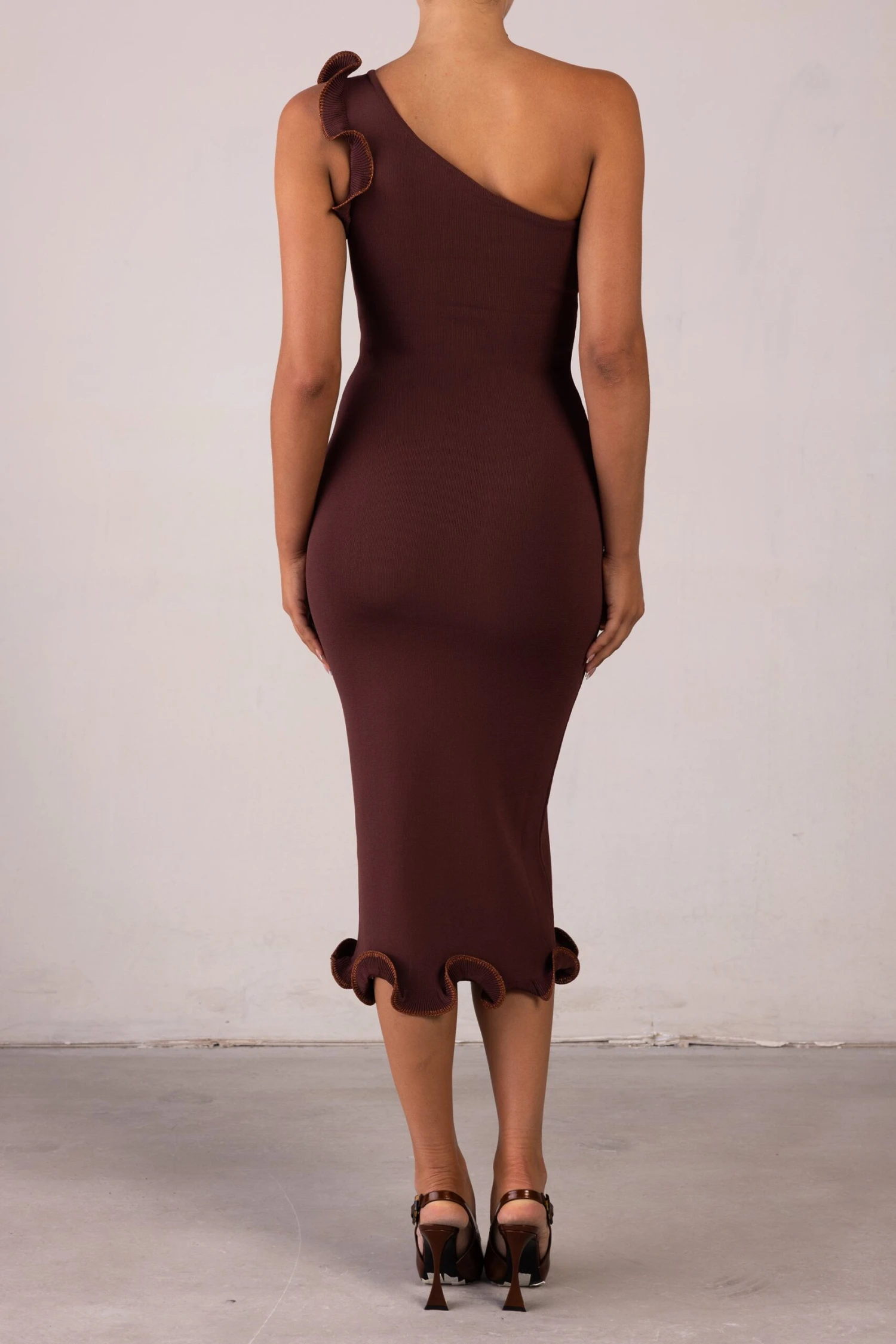 Ruffle Hem One Shoulder Dress (Chocolate Brown/Brown Lurex)(Ruffle Hem One Shoulder Dress Chocolate Brown Brown Lurex) 7 Ruffle Hem One Shoulder Dress (Chocolate Brown/Brown Lurex)(Ruffle Hem One Shoulder Dress Chocolate Brown Brown Lurex) - Image 5
