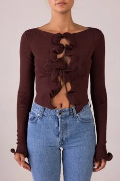 Ruffle Hem Top (Chocolate Brown)(Ruffle Hem Top Chocolate Brown) -SAME FAHION STORE RTW R2555