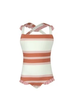 Ruffle One Piece (cream Camel Blush Stripe/blush)(Mini Me One Piece Cream Camel Blush Stripe Ribbed Blush)