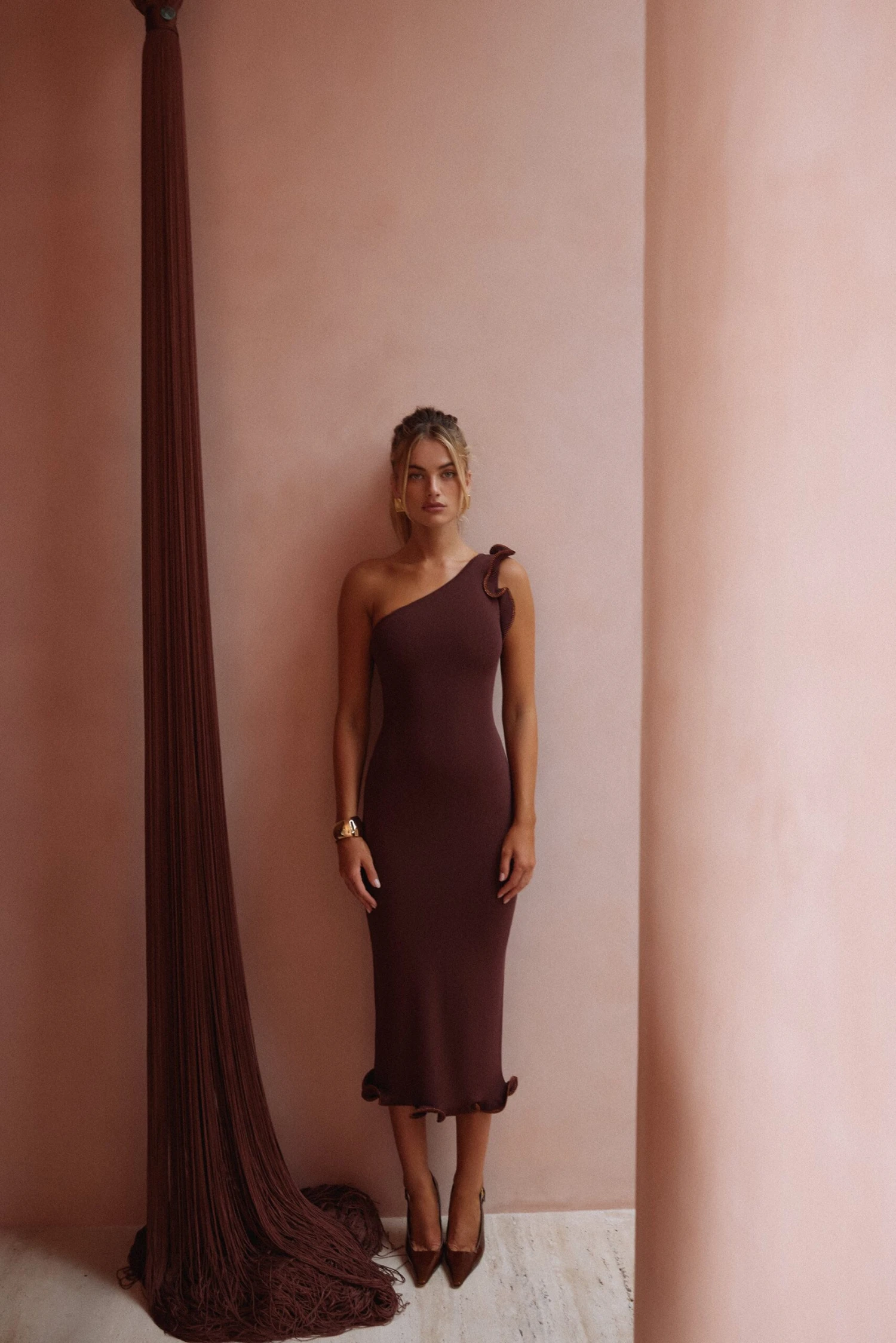 Ruffle Hem One Shoulder Dress (Chocolate Brown/Brown Lurex)(Ruffle Hem One Shoulder Dress Chocolate Brown Brown Lurex) 4 Ruffle Hem One Shoulder Dress (Chocolate Brown/Brown Lurex)(Ruffle Hem One Shoulder Dress Chocolate Brown Brown Lurex) - Image 2